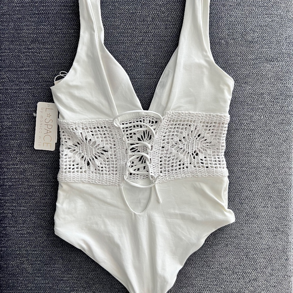 NEW WITH TAGS. Samantha Crochet Boho White One Piece Swimsuit | L*Space Swim - Picture 6 of 8